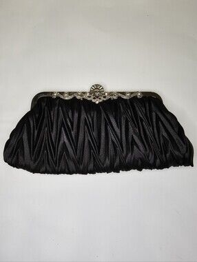 NWOT Black Satin Ruched Evening Bag Crystal Frame Convertible Clutch Chain Purse